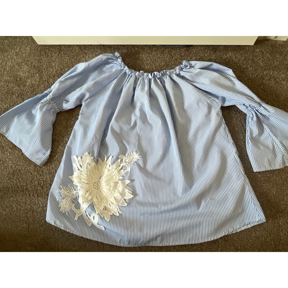 Pena Fashion Blue White Stripe Off Shoulder Bell Sleeve Embroidered Flower Top